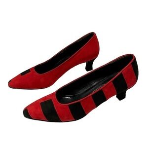 Vintage Bruno Magli Italian Black Red Suede Kitten Heel Pumps Shoes Size 7AA Y2K